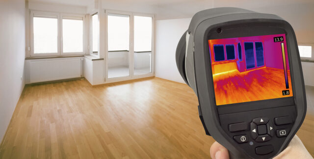 Hand holding thermal imaging device pointed at windows and doors.