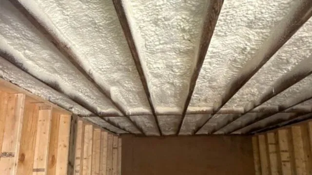 Closed-cell spray foam insulation applied to ceiling joists in a Maryland home.